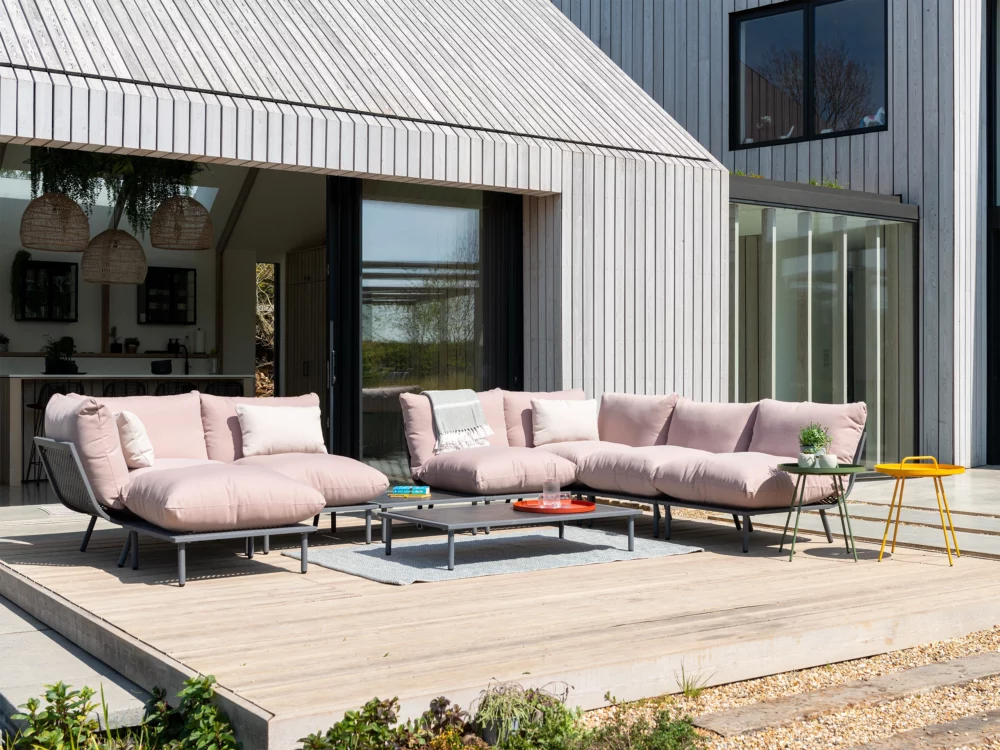 Alexander Rose Beech Modular Set with Kdvrat Guava Fabric Green Rimini Side Table Yellow Rimini Side Table Luxury Aluminium Garden Furniture