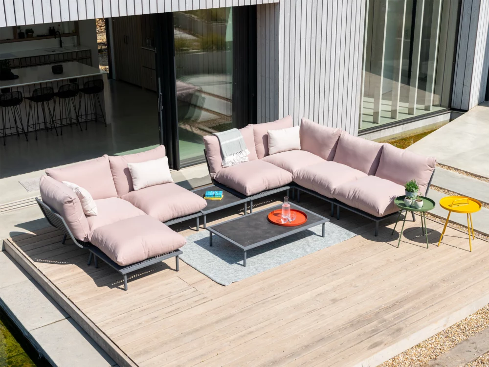 Alexander Rose Beech Modular Set with Kdvrat Guava Fabric Green Rimini Side Table Yellow Rimini Side Table Luxury Aluminium Garden Furniture