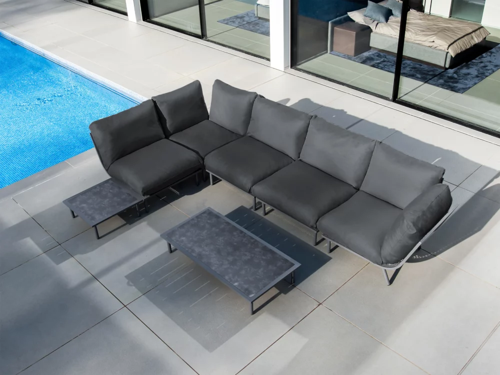 Alexander Rose Beech Modular Set with Kdvrat Storm Fabric Green Rimini Side Table Grey Rimini Side Table Luxury Aluminium Garden Furniture