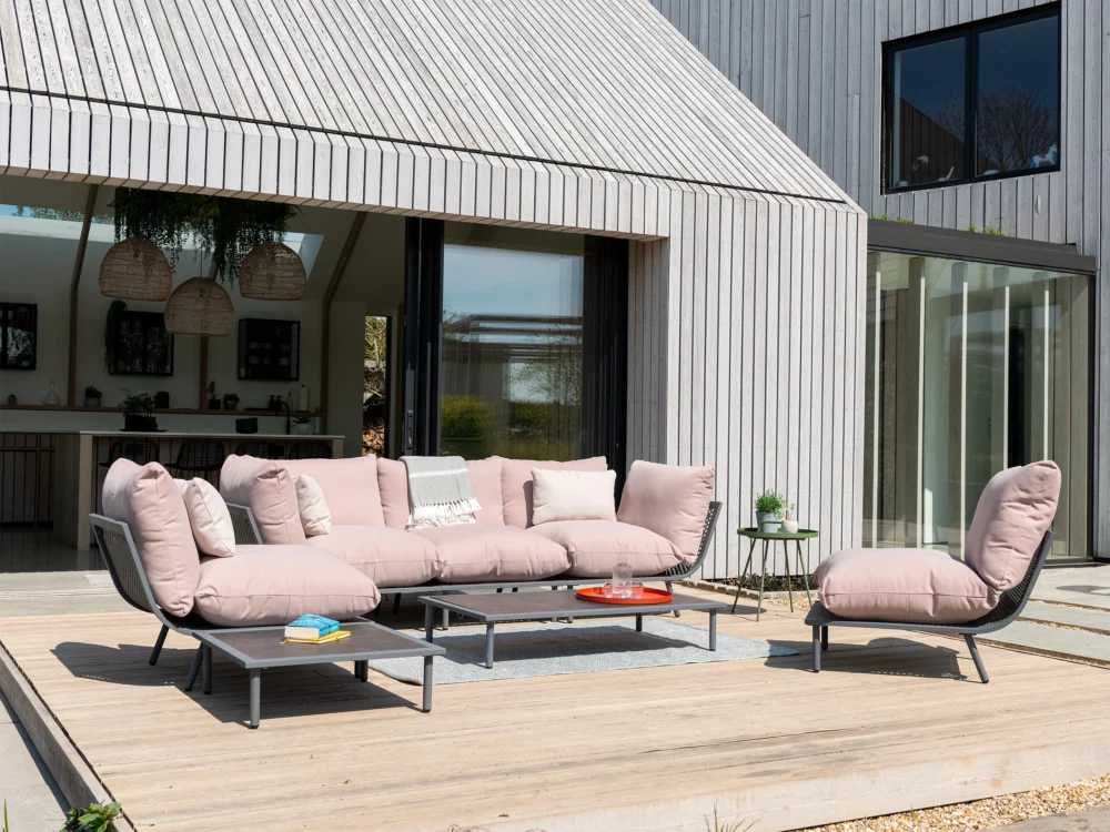 Alexander Rose Beech Modular Set with Kdvrat Guava Fabric Green Rimini Side Table Red Rimini Side Table Luxury Aluminium Garden Furniture