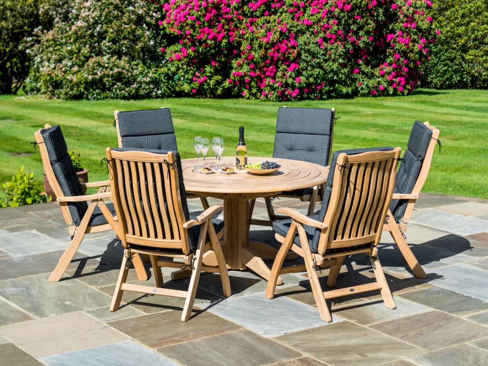 Alexander Rose 6 seater Roble Bengal Dining Set Charcoal Olefin Cushions Folding Roble Armchairs Hardwood luxury garden furniture