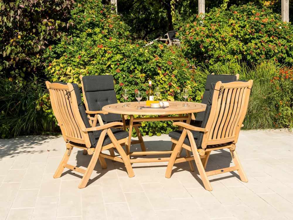 Alexander Rose 4 seater Roble Bengal Dining Set Charcoal Olefin Cushions Folding Roble Armchairs Hardwood luxury garden furniture