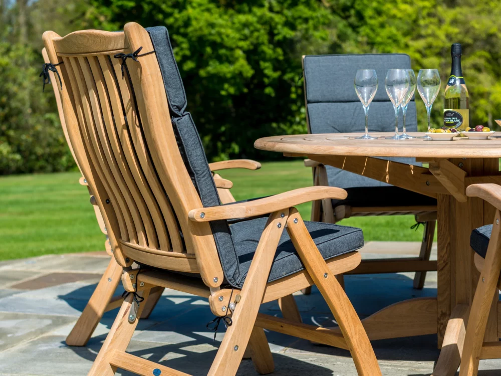 Alexander Rose 6 seater Roble Bengal Dining Set Charcoal Olefin Cushions Folding Roble Armchairs Hardwood luxury garden furniture