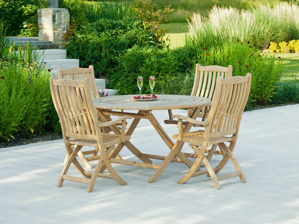 Alexander Rose 4 seater Roble Bengal Dining Set Folding Roble Armchairs and Table Hardwood luxury garden furniture