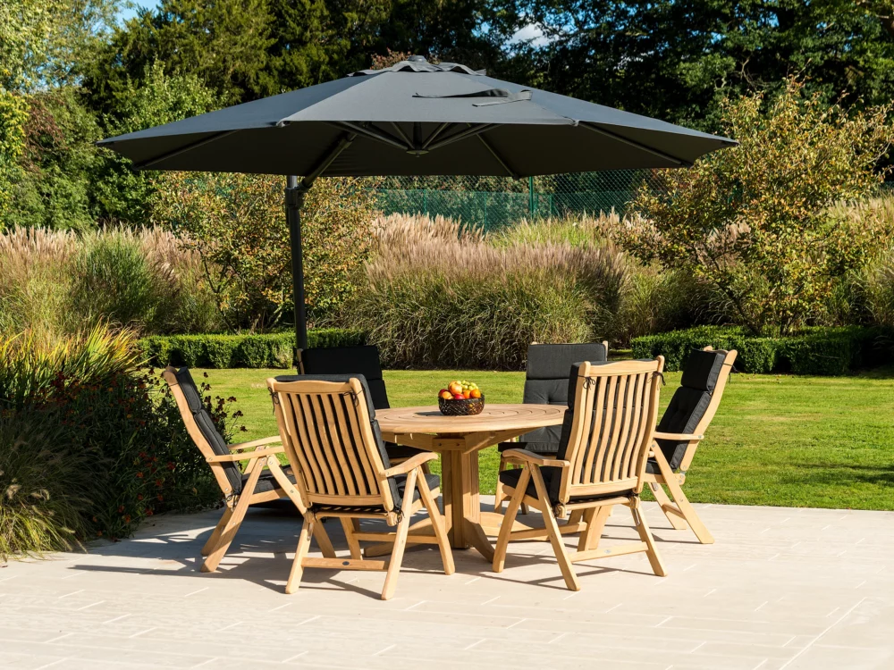Alexander Rose 6 seater Roble Bengal Dining Set Charcoal Olefin Cushions Folding Roble Armchairs Charcoal Cantilever Parasol Hardwood luxury garden furniture