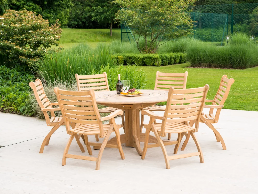 Alexander Rose 6 seater Roble Bengal Dining Set Folding Roble Armchairs Hardwood luxury garden furniture