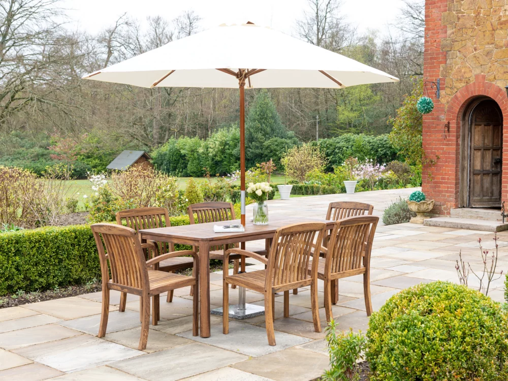 Alexander Rose Dark Acacia Bolney 6 seater dining set Alexander Rose Ecru Hardwood Parasol Luxury Hardwood Garden Furniture
