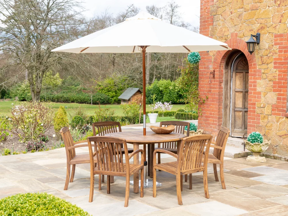 Alexander Rose Dark Acacia Bolney 6 seater dining set Alexander Rose Ecru Hardwood Parasol Luxury Hardwood Garden Furniture