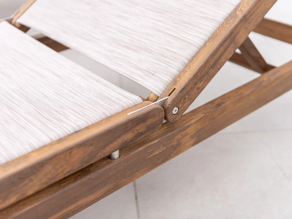 Alexander Rose Dark Acacia Bolney Adjustable Sling Sunbed and Side Table Detail shot of the Natural Coloured Sling Luxury Hardwood Garden Furniture
