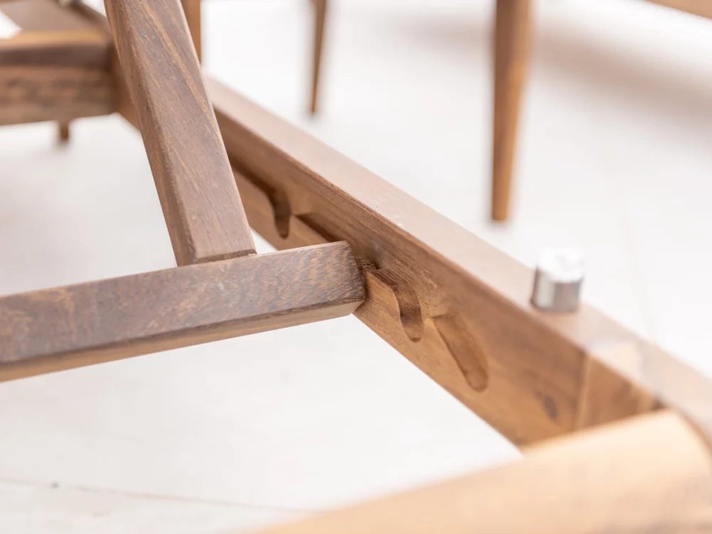 Alexander Rose Dark Acacia Bolney Adjustable Sling Sunbed Detail shot of the Adjustable locking System Luxury Hardwood Garden Furniture