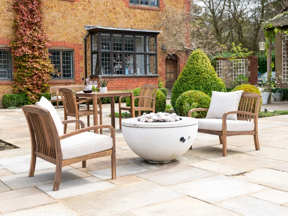Alexander Rose Dark Acacia Bolney Lounge Armchair Square Bolney Table with 2 Dining chairs Luxury Hardwood Garden Furniture