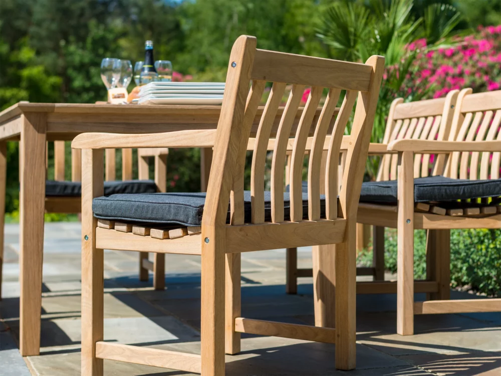 6 Alexander Rose Broadfield Armchairs around a Tivoli Rectangular Dining Table Olefin Charcoal Armchair Cushions High Quality Hardwood Garden Furniture