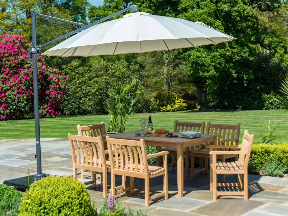 6 Alexander Rose Broadfield Armchairs around a Tivoli Rectangular Dining Table Ecru Cantilever Parasol High Quality Hardwood Garden Furniture