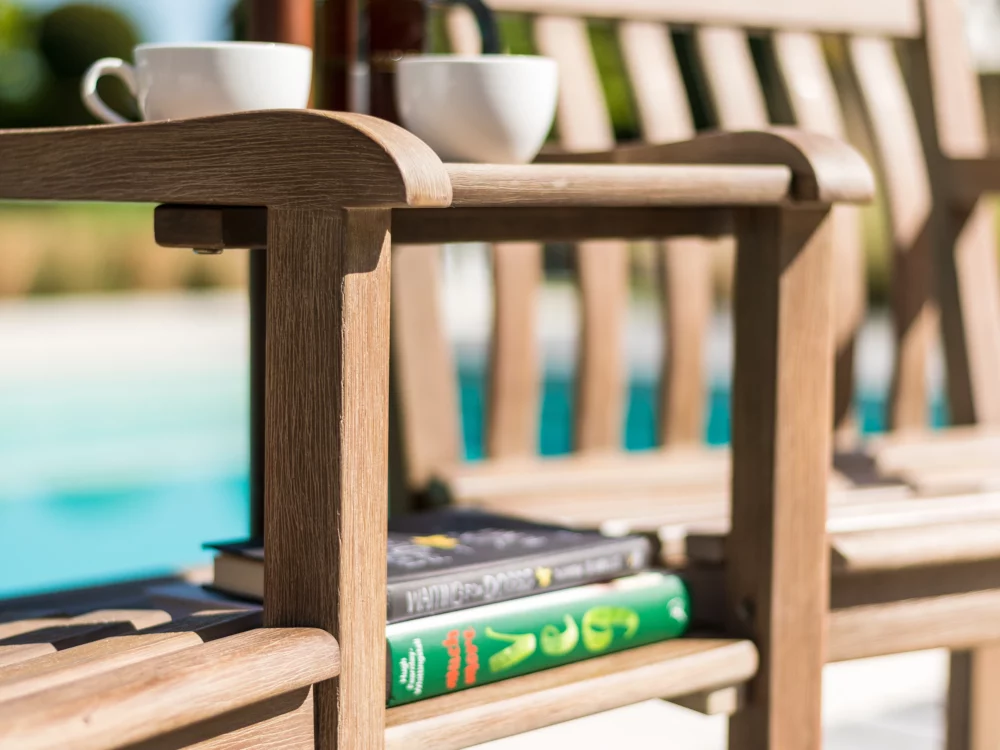 Alexander Rose Broadfield Chestnut Acacia Companion Set Oatmeal Olefin Armchair Cushions Close up shot High Quality Hardwood Garden Furniture
