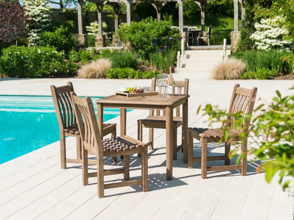 Alexander Rose Broadfield Chestnut Acacia Dining Set Square Table 4 Side Chairs High Quality Hardwood Garden Furniture