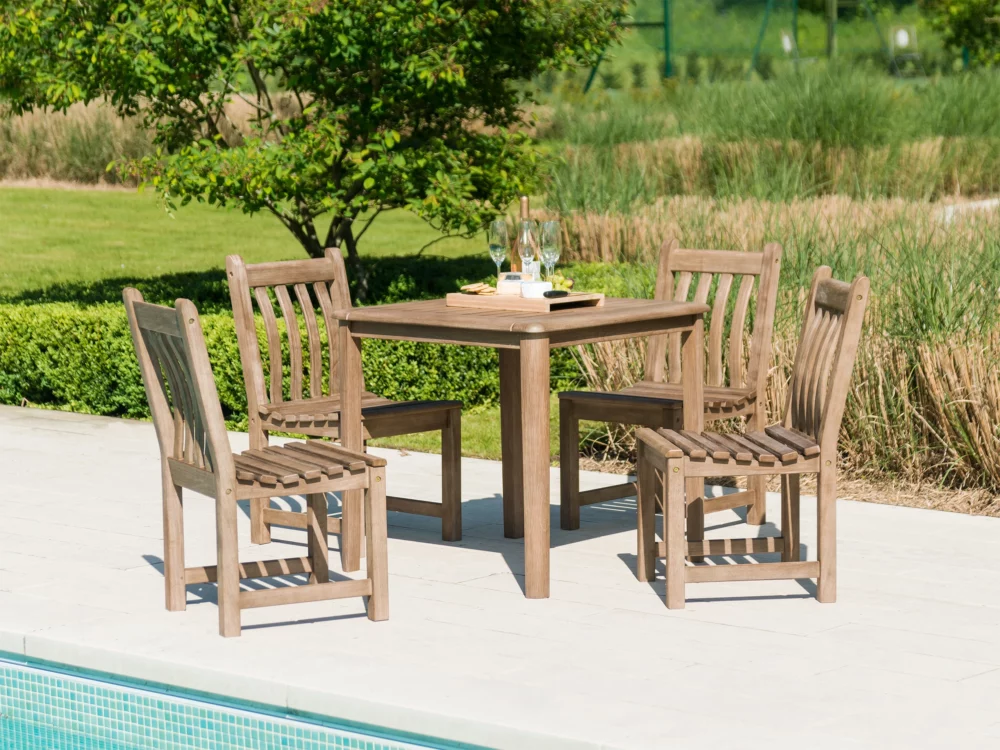 Alexander Rose Broadfield Chestnut Acacia Dining Set Square Table 4 Side Chairs High Quality Hardwood Garden Furniture