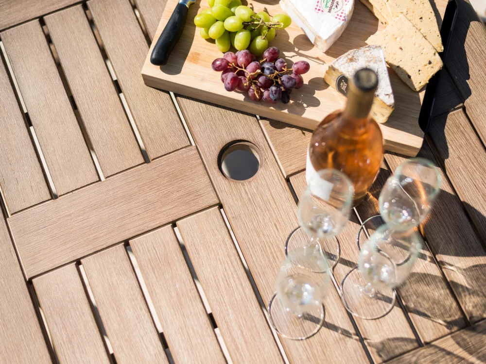 Alexander Rose Broadfield Chestnut Acacia Dining Set Square Table Close-up shot High Quality Hardwood Garden Furniture