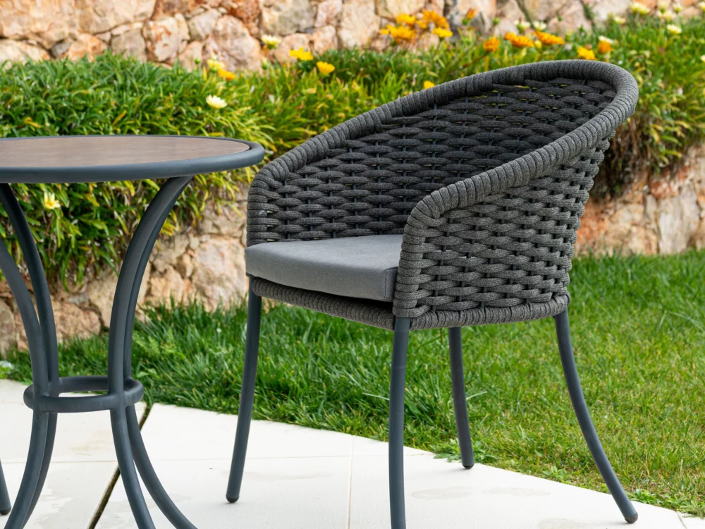 Alexander Rose Dark Grey Cordial Dining Chairs and Cordial Bistro Table Luxury Aluminium Garden Furniture