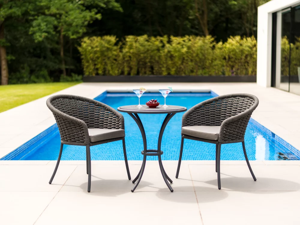 Alexander Rose Dark Grey Cordial Dining Chairs and Cordial Bistro Table Luxury Aluminium Garden Furniture