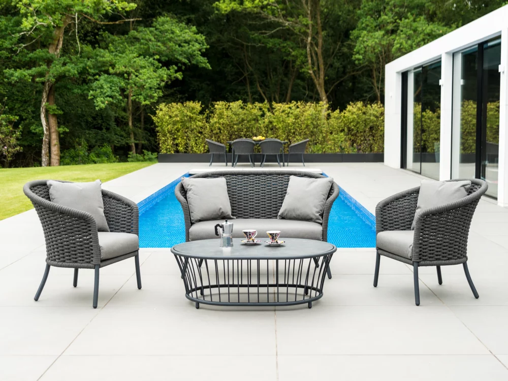 Alexander Rose Dark Grey Cordial Lounge Set Cordial Sofa, Cordial Lounge Armchair and Cordial Coffee Table Luxury Aluminium Garden Furniture