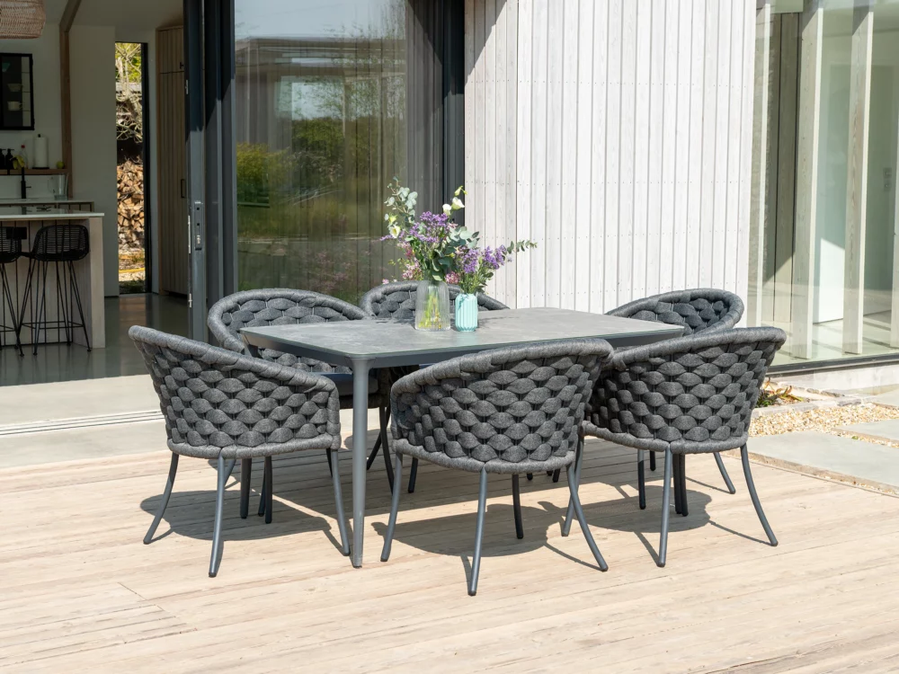 Alexander Rose Dark Grey Cordial Luke Dining Chairs and Rectangular Rimini Table Luxury Aluminium Garden Furniture