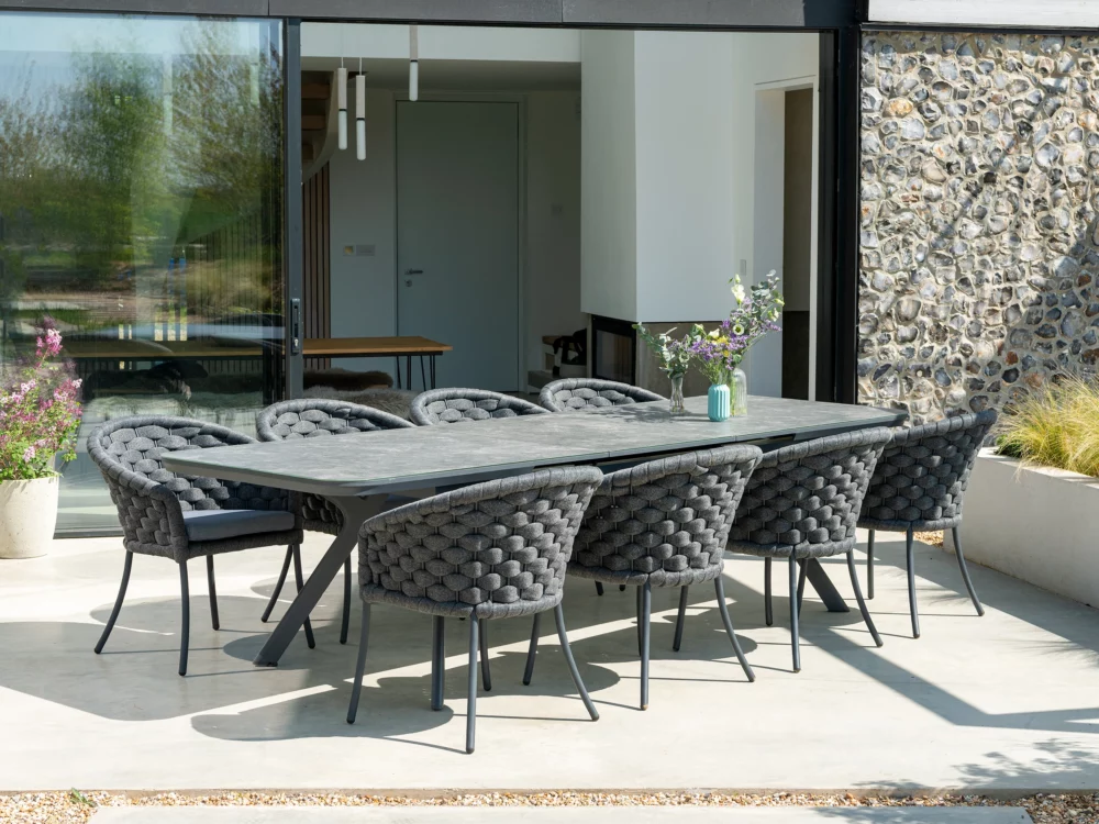 Alexander Rose Dark Grey Cordial Luke Dining Chairs and Extending Rimini Table Luxury Aluminium Garden Furniture