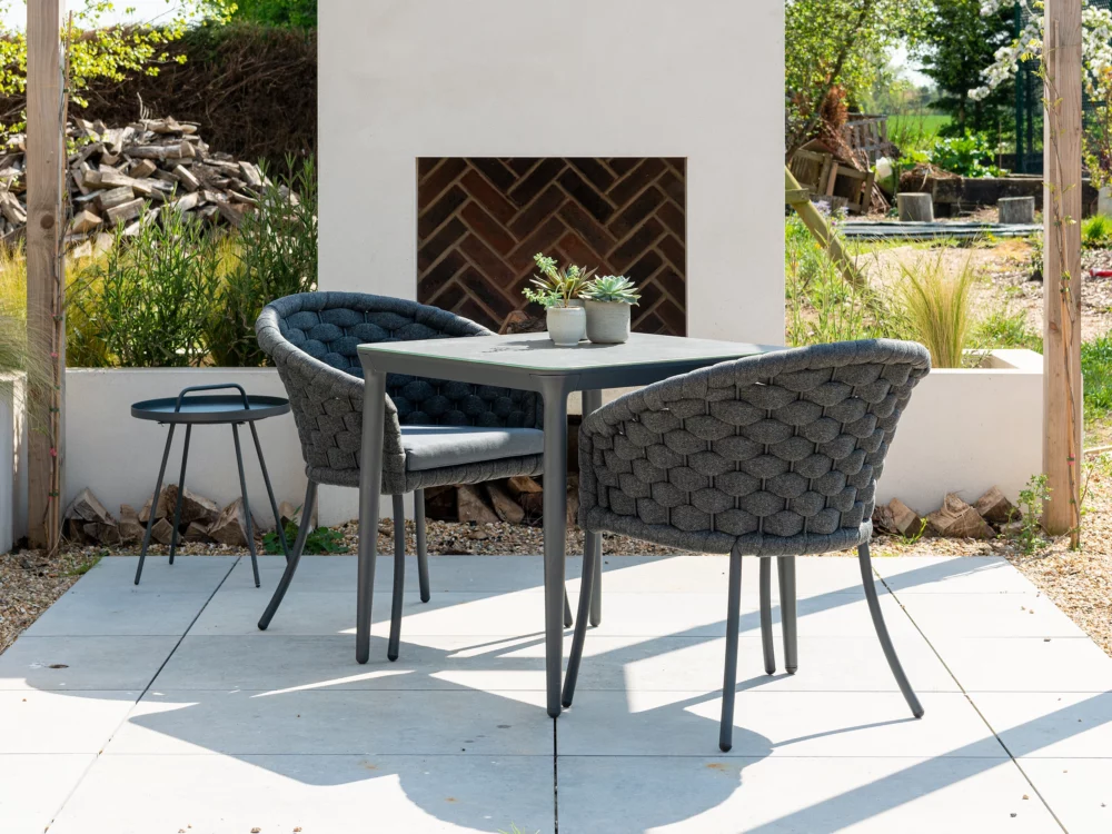 Alexander Rose Dark Grey Cordial Luke Dining Chairs and Square Rimini Table Luxury Aluminium Garden Furniture
