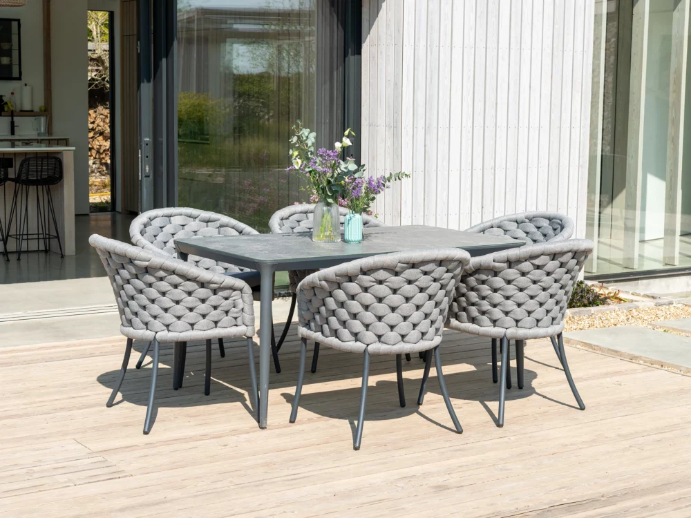 Alexander Rose Light Grey Cordial Luke Dining Chairs and Rectangular Rimini Table Luxury Aluminium Garden Furniture