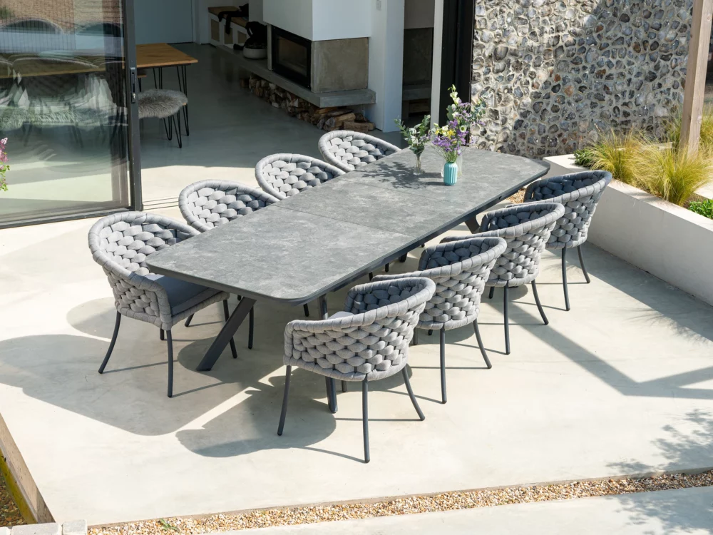 Alexander Rose Light Grey Cordial Luke Dining Chairs and Extending Rimini Table Luxury Aluminium Garden Furniture