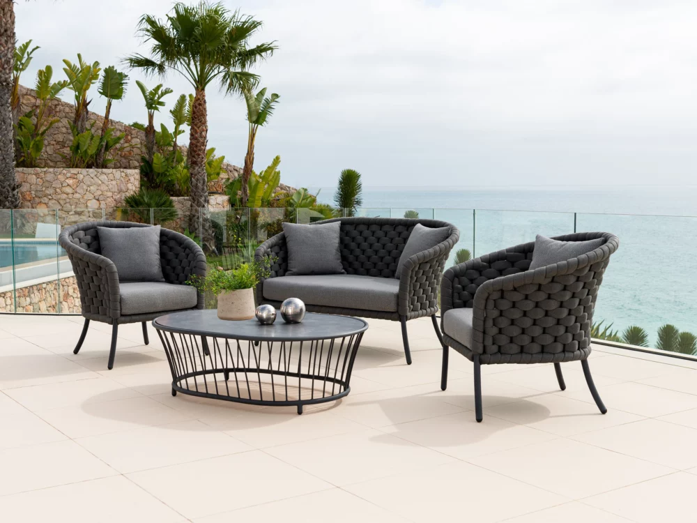 Alexander Rose Dark Grey Cordial Luxe Lounge Set Cordial Sofa, Cordial Lounge Armchair and Cordial Coffee Table Luxury Aluminium Garden Furniture