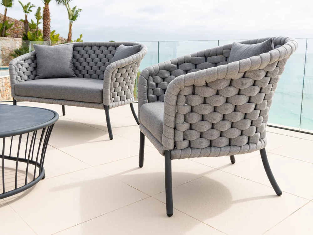 Alexander Rose Dark Grey Cordial Luxe Lounge Set Cordial Sofa, Cordial Lounge Armchair and Cordial Coffee Table Luxury Aluminium Garden Furniture
