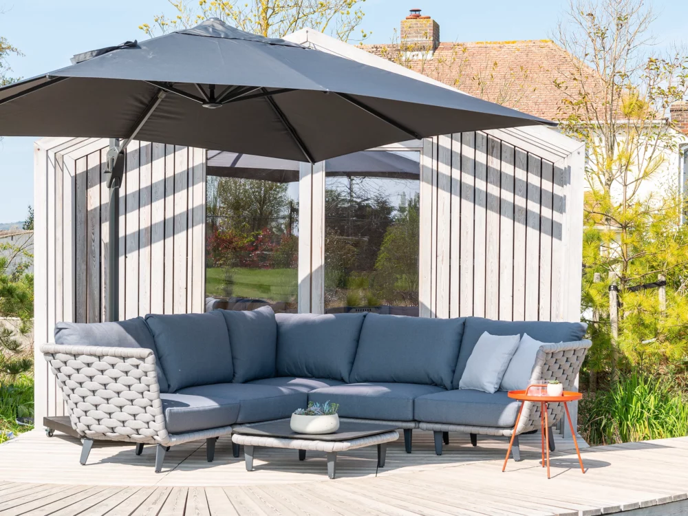 Alexander Rose Cordial Luxe light Grey Modular Set Square Charcoal Cantilever Parasol Luxury Aluminium Garden Furniture