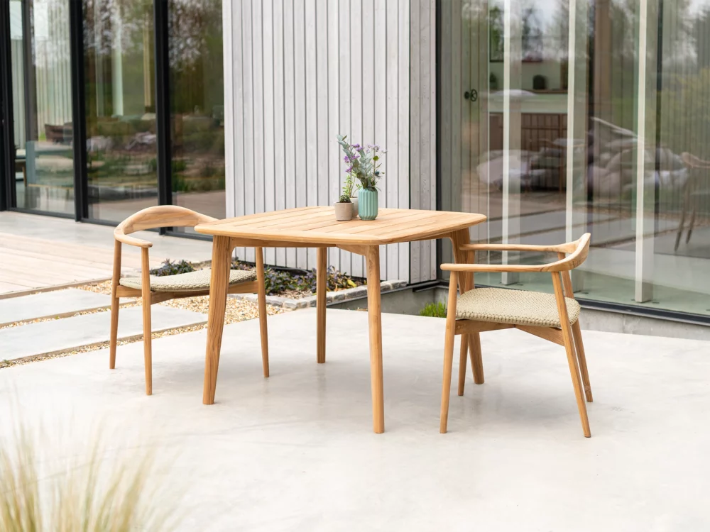 Alexander Rose Dana Square Dining Set Teak Dining Chairs and Table Mid Century Danish Inspired Outdoor Furniture
