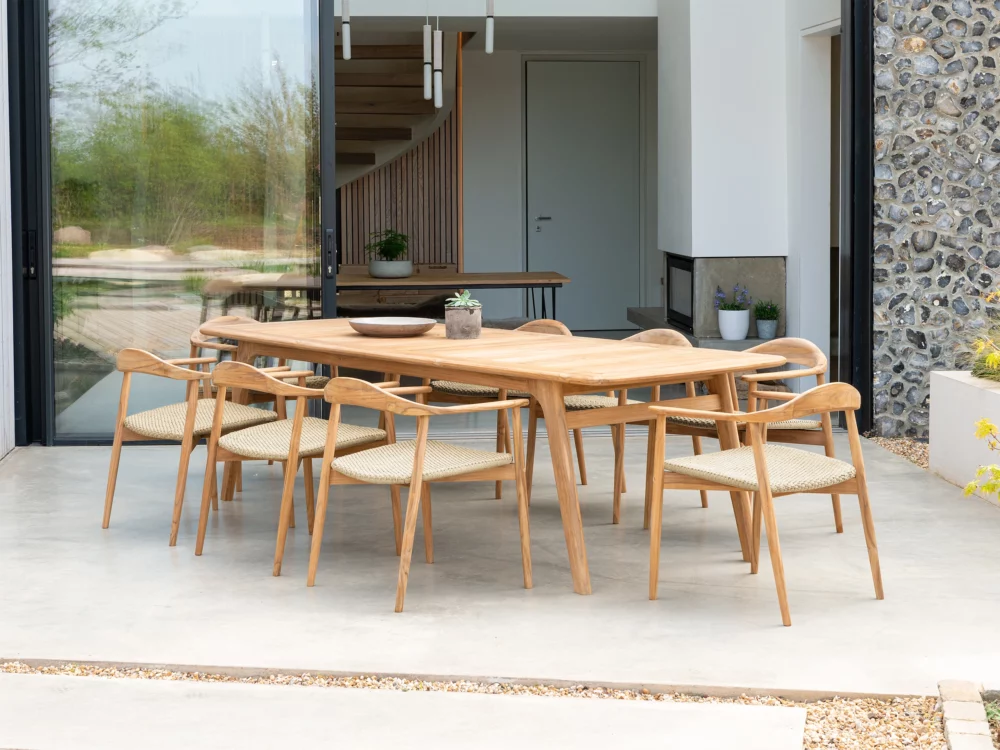 Alexander Rose Dana Rectangular Dining Set 8 Teak Dining Chairs and Table Mid Century Danish Inspired Outdoor Furniture