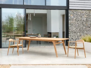 Alexander Rose Dana Rectangular Dining Set 2 Teak Dining Chairs and Table Mid Century Danish Inspired Outdoor Furniture