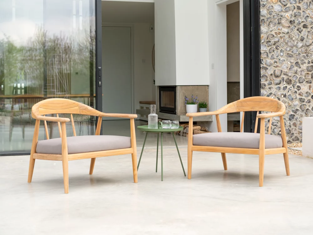 Award winning Alexander Rose Dana Lounge Armchairs Two Teak Lounge Chairs Mid Century Danish Inspired Outdoor Lounge Armchairs