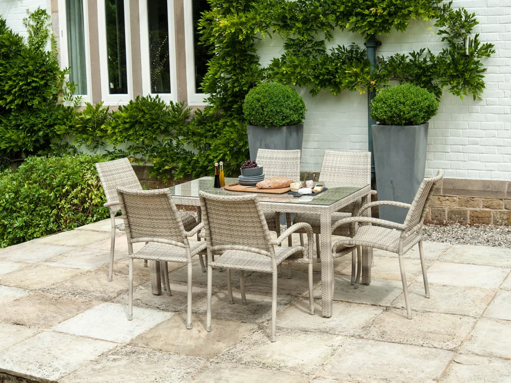 Alexander Rose Ocean Pearl Dinning Set with Stacking Armchairs Luxury Rattan Garden Furniture