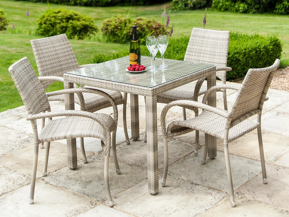 Alexander Rose Ocean Pearl Dinning Set with Stacking Armchairs Luxury Rattan Garden Furniture