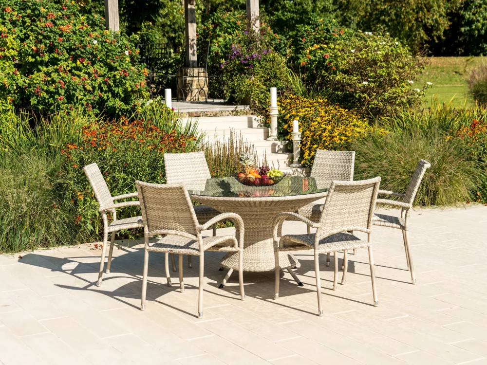 Alexander Rose Ocean Pearl Dinning Set with Stacking Armchairs Luxury Rattan Garden Furniture