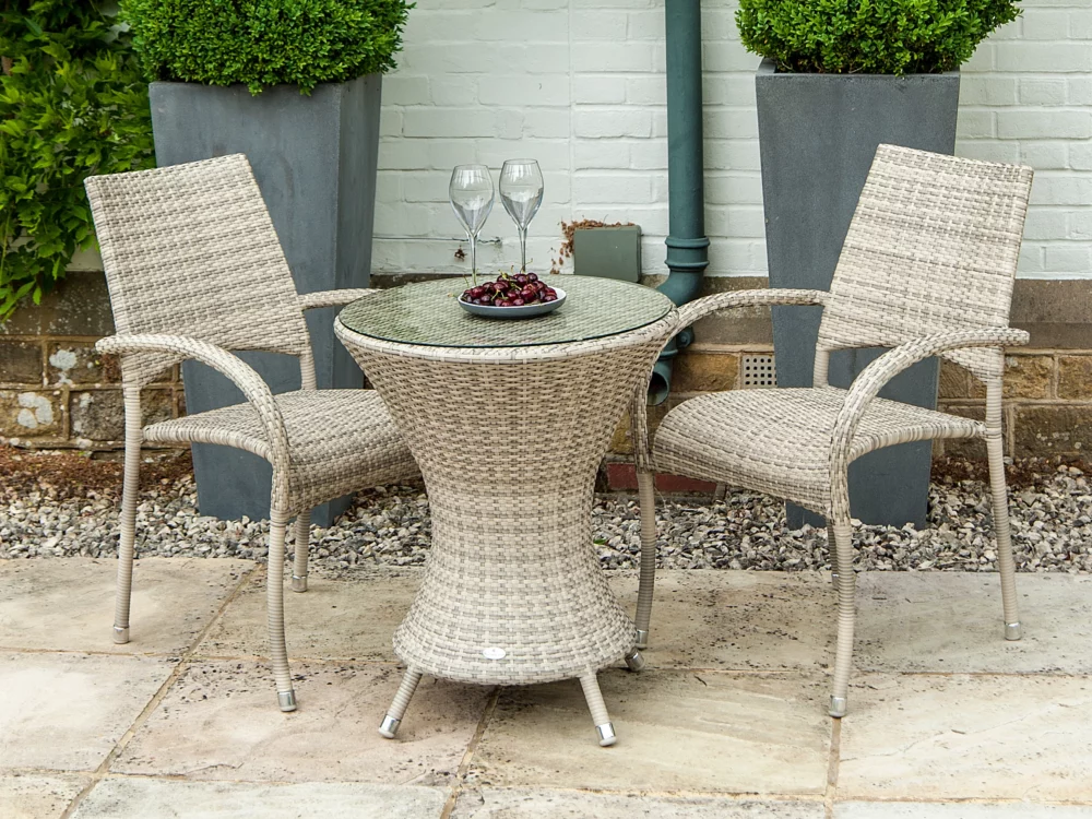 Alexander Rose Ocean Pearl Bistro Set with Stacking Armchairs Luxury Rattan Garden Furniture