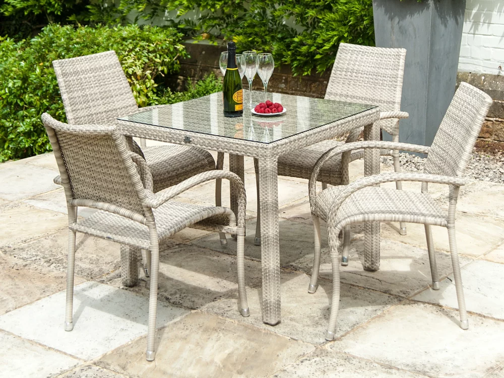 Alexander Rose Ocean Pearl Dining Set with Stacking Armchairs Luxury Rattan Garden Furniture
