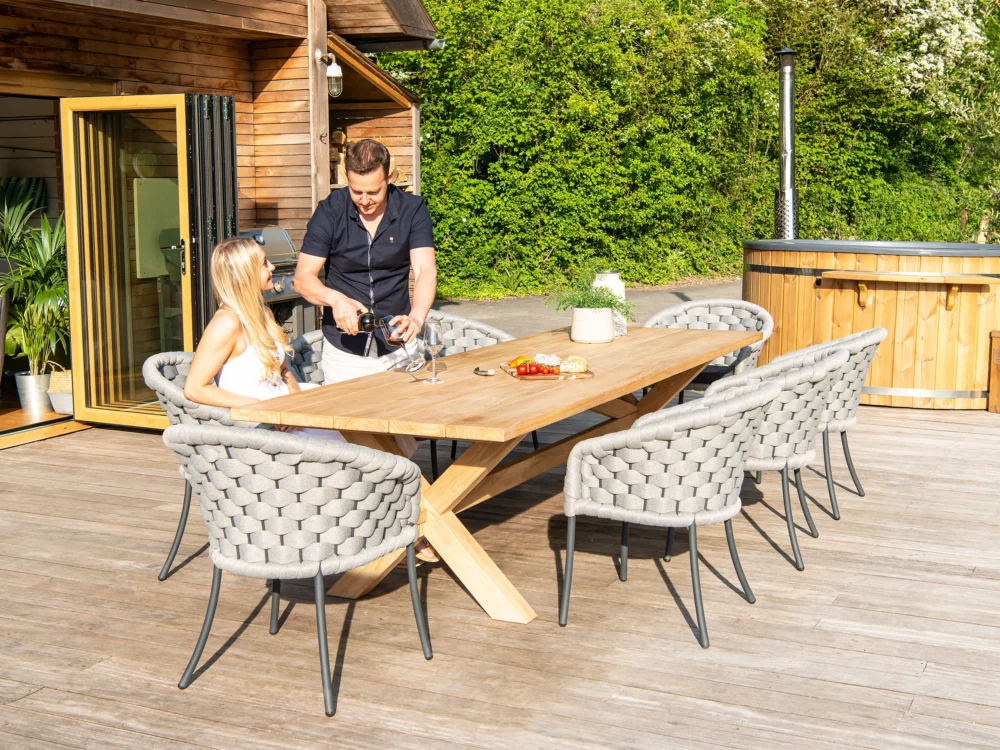 Alexander Rose Plank Teak Table and Cordial Luxe Dining Chairs Luxury Garden Furniture