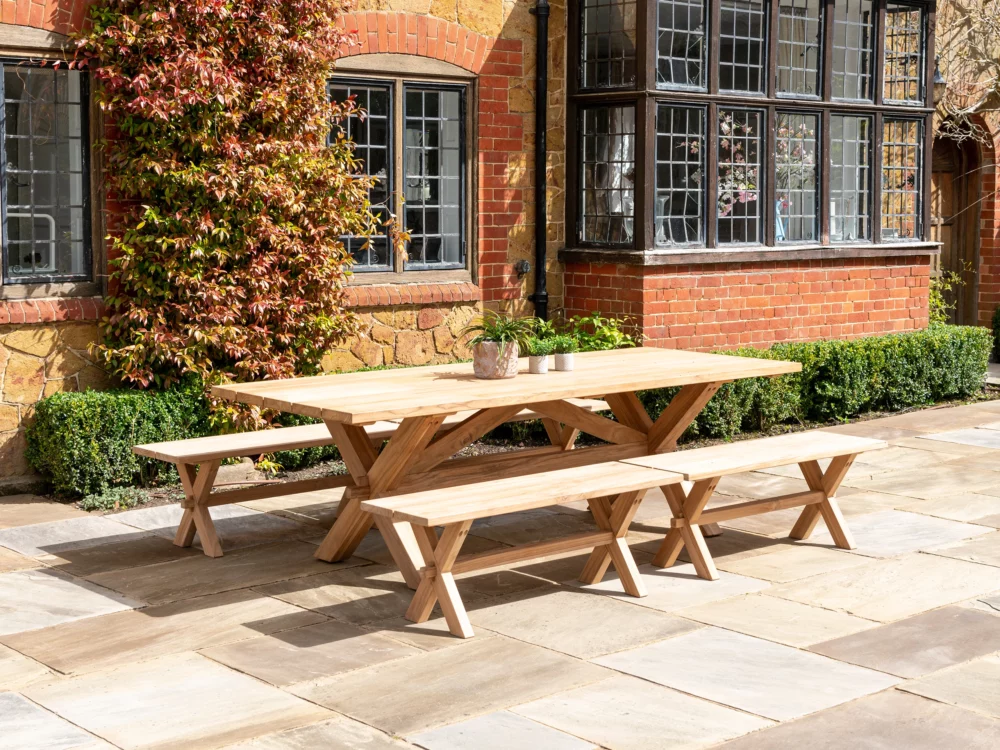 Alexander Rose Plank Teak Table and Plank Bench Luxury Wooden Garden Furniture