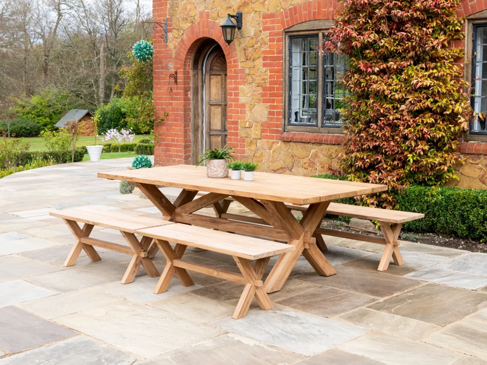 Alexander Rose Plank Teak Table and Plank Bench Luxury Wooden Garden Furniture