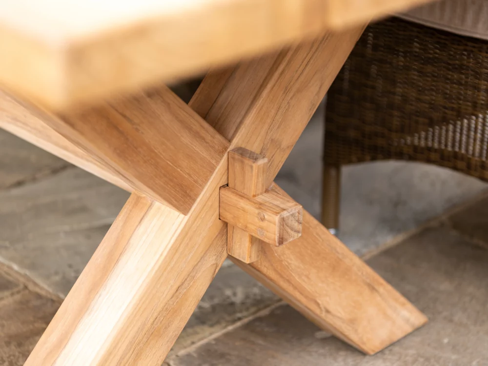 Alexander Rose Plank Teak Table, Plank Bench and San Marino Square Top Armchairs Luxury Garden Furniture