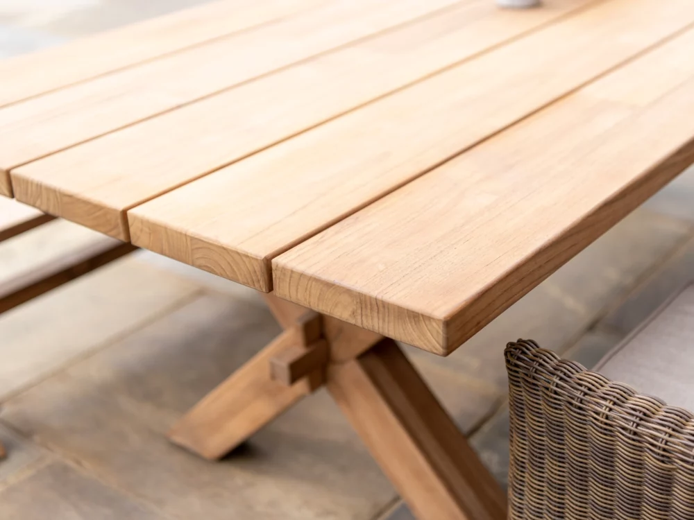 Alexander Rose Plank Teak Table, Plank Bench and San Marino Square Top Armchairs Luxury Garden Furniture