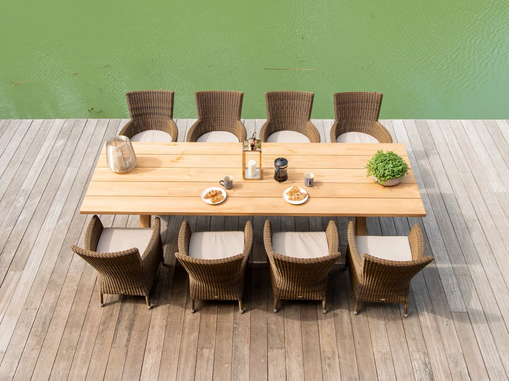 Alexander Rose Plank Teak Table and San Marino Square Top Armchairs Luxury Garden Furniture