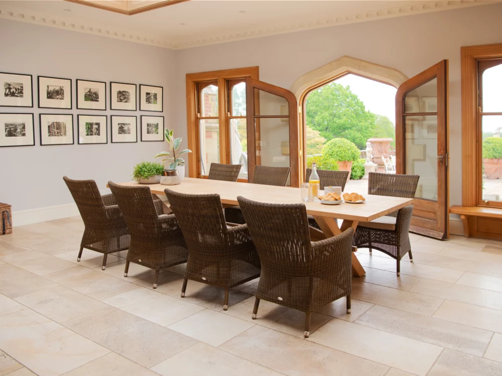 Alexander Rose Plank Teak Table and San Marino Square Top Armchairs Luxury Garden Furniture