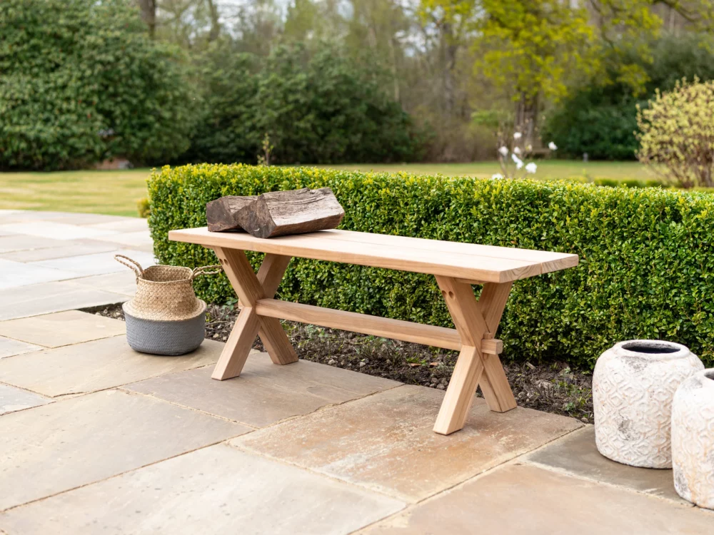 Alexander Rose Plank Teak Table and Plank Bench Luxury Teak Garden Furniture