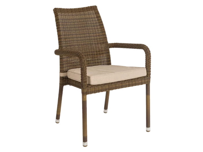 Alexander Rose San Marino Stacking Armchair Chair Brown Rattan Oatmeal Cushion